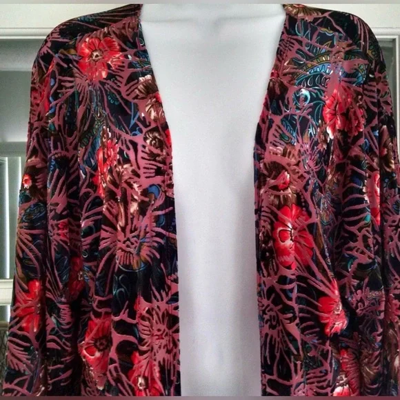 Pink Floral Velvet Feel Kimono Cardigan Womens Beach Coverup Y2K Cottagecore - Picture 4 of 5